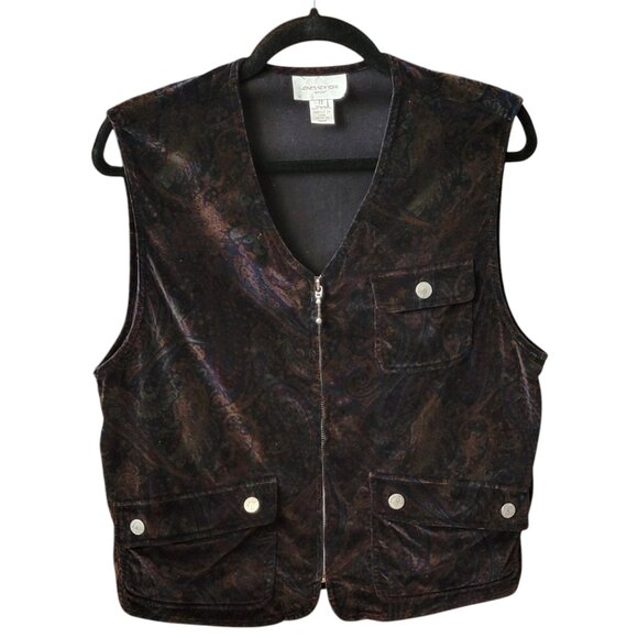 Jones New York Dark Brown Velvet Paisley Boho Zip Front Vest with Pockets Y2K - Picture 1 of 12